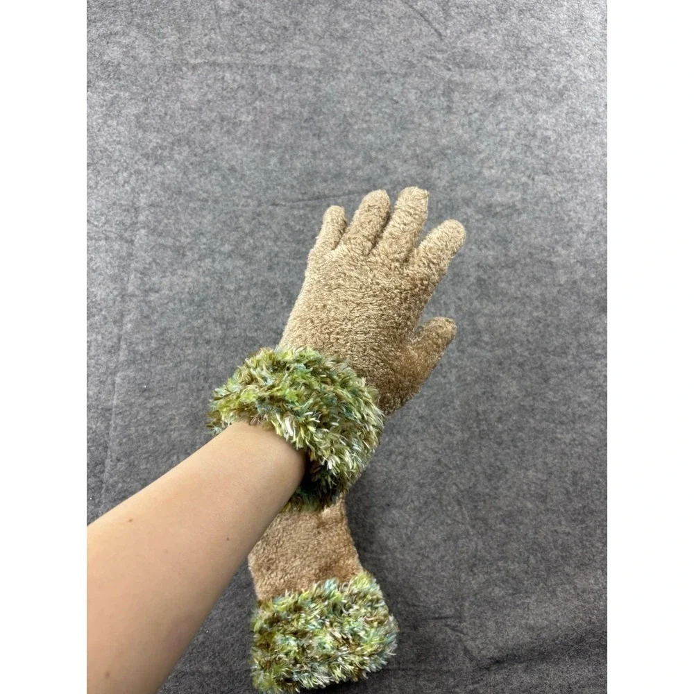 90s‎ Green Gloves Womens One Size Chenille Fringe Stretch Glam Statement Diva